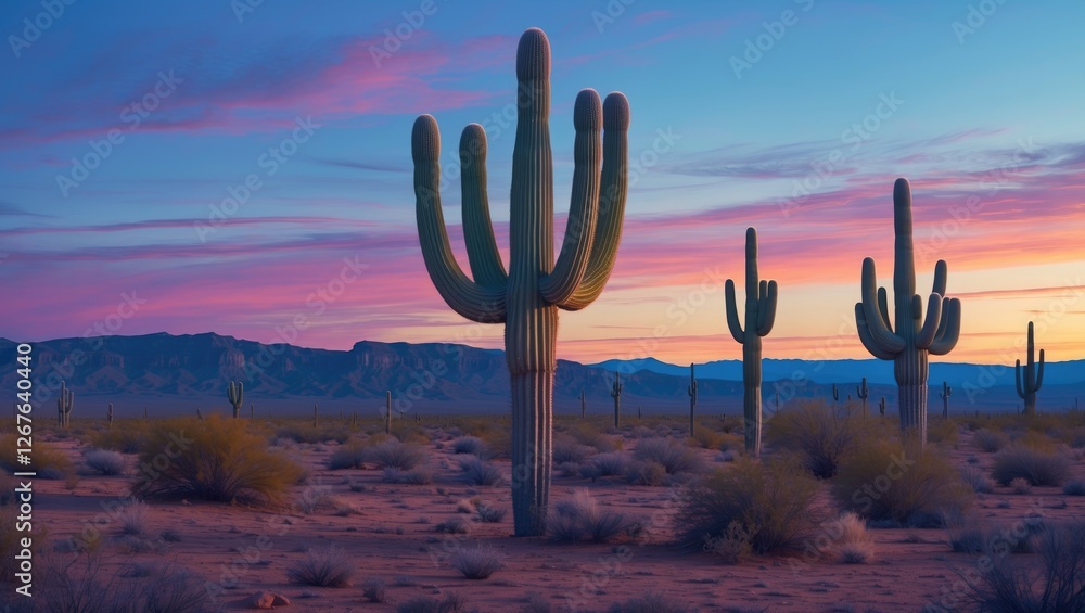 Majestic Giant Saguaro Cacti Silhouetted Against Vibrant Sunset Sky in Desert Landscape With Space for Text or Overlays Majestic Giant Saguaro Cacti Silhouetted Against Vibrant Sunset Sky in Desert Landscape With Space for Text or Overlays