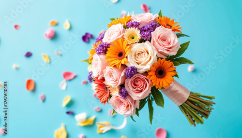 Vibrant wedding bouquet filled with colorful roses and daisies set against a bright blue background with scattered petals
