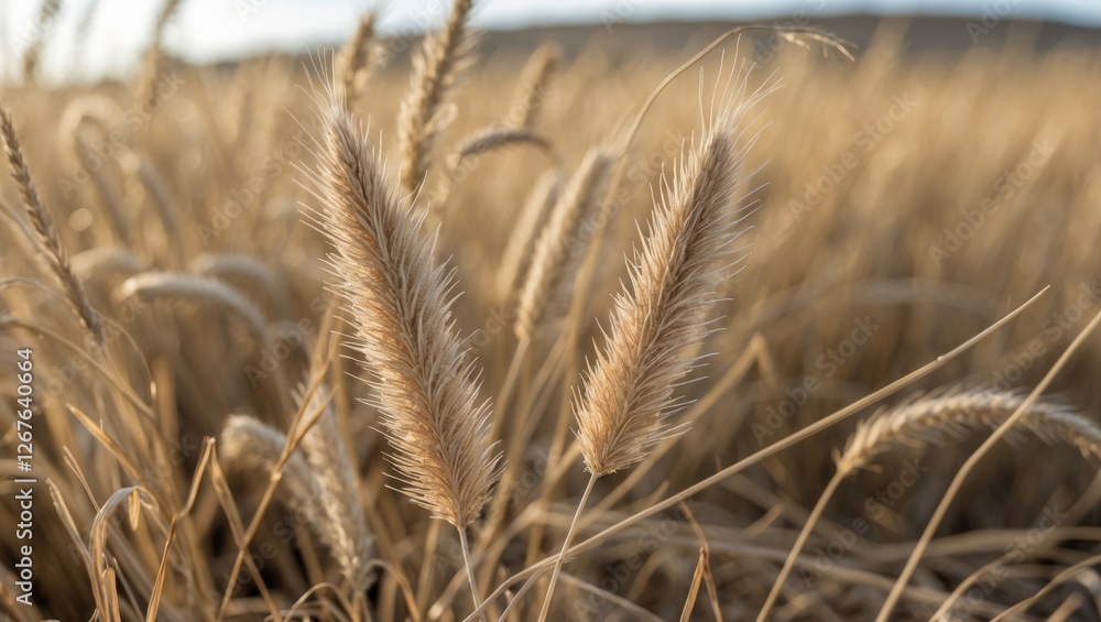 Fototapeta premium Golden Prairie Grass in Soft Focus Capturing the Serene Beauty of Dry Natural Landscapes During Golden Hour Light