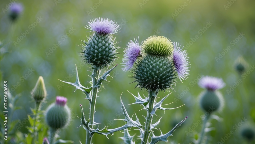 Flowering Milk Thistle Plants Against a Soft Green Meadow Background in a Natural Setting