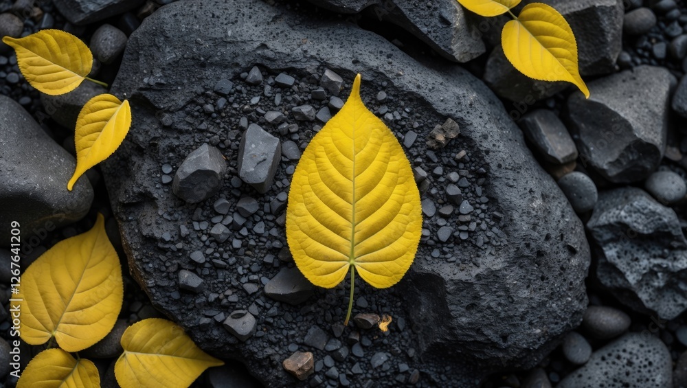 Fototapeta premium Yellow leaf detail resting on textured black volcanic stone surrounded by pebbles showcasing nature's contrast and beauty in composition.