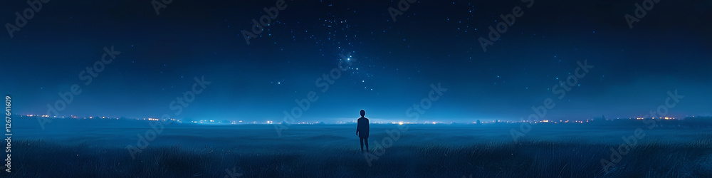 An illustration of a man standing under a star filled sky and the Milky Way An illustration of a man standing under a star filled sky and the Milky Way