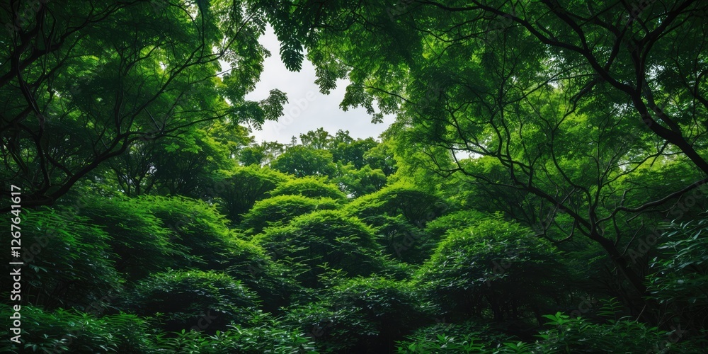 Lush Green Canopy of Dense Foliage with Open Space for Text Overlay and Natural Light Filtering Through the Trees Lush Green Canopy of Dense Foliage with Open Space for Text Overlay and Natural Light Filtering Through the Trees