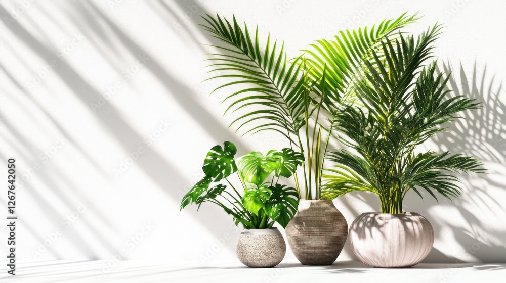 Fototapeta premium Tropical plants in pots, sunlight on wall, minimalist interior, home decor