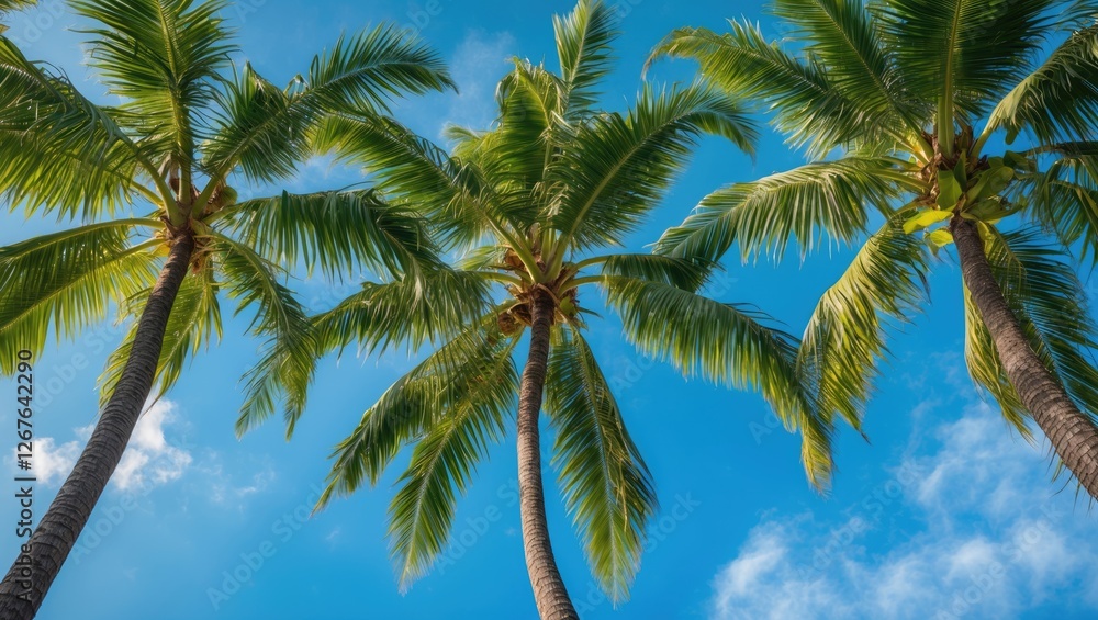 Lush Green Palm Trees Against a Clear Blue Sky Creating a Tropical Vibe and Relaxing Atmosphere Ideal for Travel Themes Lush Green Palm Trees Against a Clear Blue Sky Creating a Tropical Vibe and Relaxing Atmosphere Ideal for Travel Themes
