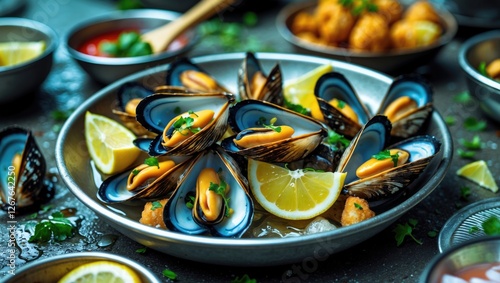 Delicious Cooked Fried Mussels with Lemon Slices on a Plate Surrounded by Tasty Seafood Dishes and Empty Space for Textual Content photo