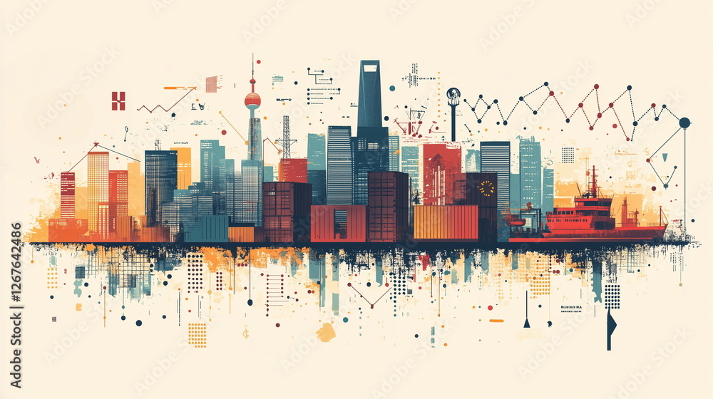 Obraz premium An economic illustration showcasing trade tariffs between America and China. Featuring cargo ships, shipping containers, currency symbols, and trade routes, emphasizing global commercial.