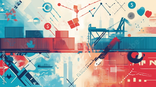 An economic illustration showcasing trade tariffs between America and China. Featuring cargo ships, shipping containers, currency symbols, and trade routes, emphasizing global commercial.