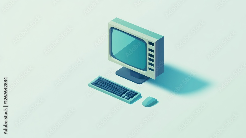 Retro computer isometric, minimalist design, light teal background, graphic design, stock photo Retro computer isometric, minimalist design, light teal background, graphic design, stock photo