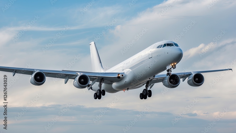 A white commercial airplane taking off against a backdrop of blue skies and wispy clouds A white commercial airplane taking off against a backdrop of blue skies and wispy clouds