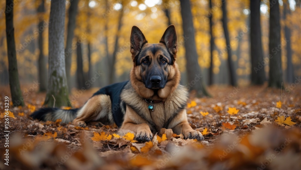 Majestic German Shepherd Relaxing Amidst Vibrant Autumn Foliage in a Tranquil Forest Setting Majestic German Shepherd Relaxing Amidst Vibrant Autumn Foliage in a Tranquil Forest Setting