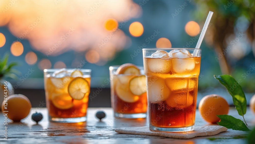 Refreshing Iced Tea in Glasses with Lemon Slices Against a Warm Sunset Background Perfect for Summer Promotions and Seasonal Advertising. Refreshing Iced Tea in Glasses with Lemon Slices Against a Warm Sunset Background Perfect for Summer Promotions and Seasonal Advertising.