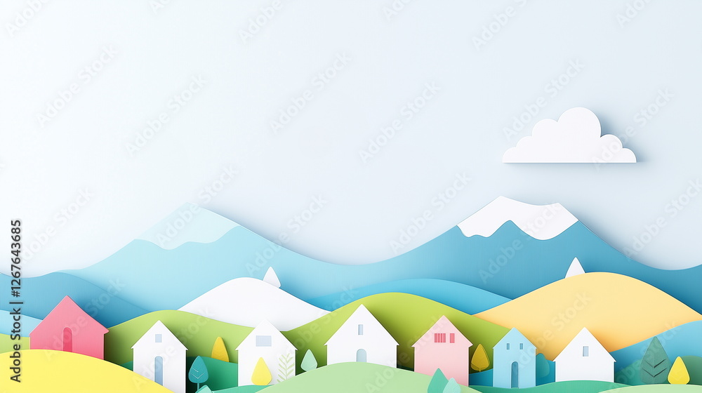 A charming paper art-style illustration featuring a distant view of a dense village at the bottom, with mountains in the upper right. Soft, healing colors in a flat, child friendly. A charming paper art-style illustration featuring a distant view of a dense village at the bottom, with mountains in the upper right. Soft, healing colors in a flat, child friendly.