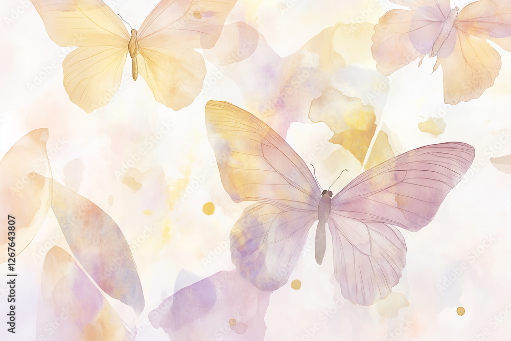 Obraz premium A dreamy watercolor illustration of delicate butterflies in warm pastel tones like peach, blush pink, soft gold, and lavender. Featuring translucent wings, fluid brushstrokes. Background and wallpaper
