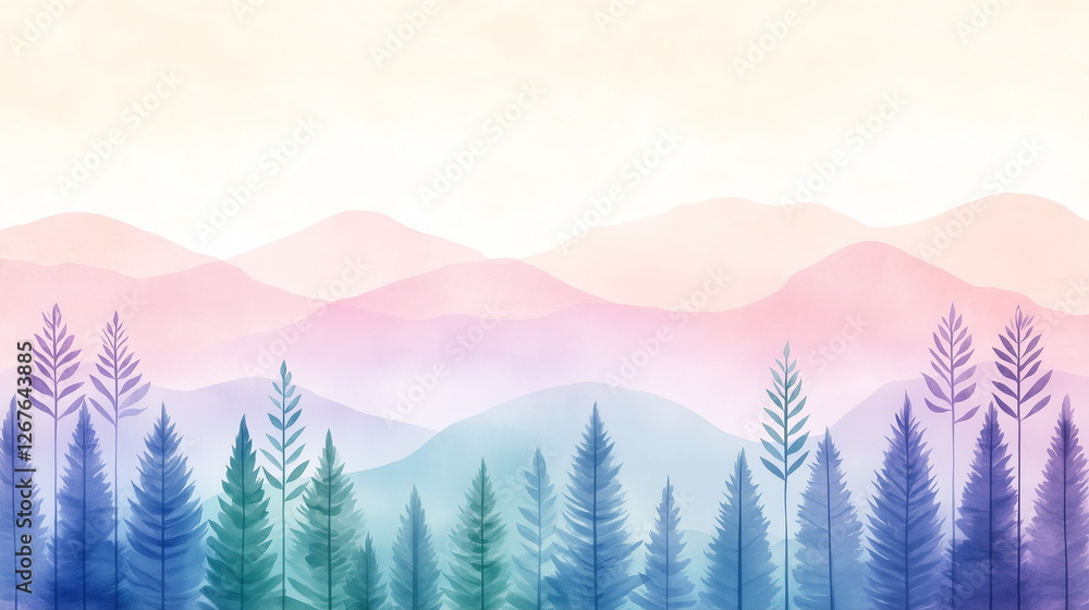 Fototapeta premium A serene pastel landscape illustration nature background of a tranquil forest with rolling hills and misty mountains in soft blue, lavender, and mint green. Featuring delicate trees.