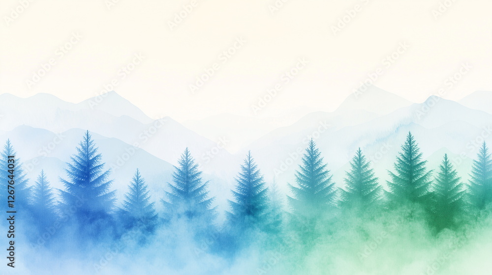 Fototapeta premium A serene pastel landscape illustration nature background of a tranquil forest with rolling hills and misty mountains in soft blue, lavender, and mint green. Featuring delicate trees.