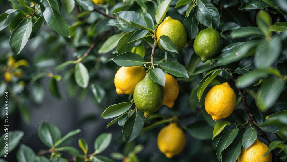 Fresh Lemons on a Tree Branch Surrounded by Lush Green Foliage in Natural Light. Vibrant Yellow and Green Fruits in a Garden Setting. Fresh Lemons on a Tree Branch Surrounded by Lush Green Foliage in Natural Light. Vibrant Yellow and Green Fruits in a Garden Setting.