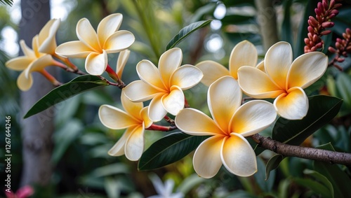 Plumeria Flowers in Full Bloom Against Lush Greenery with Selective Focus for a Fresh Garden Aesthetic