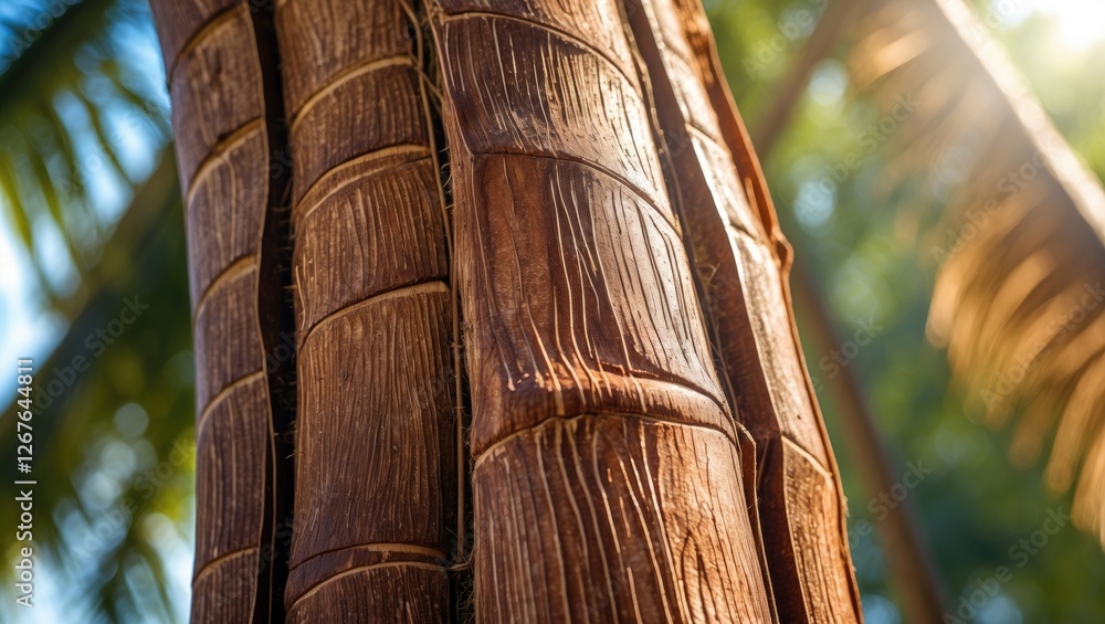 Close-up of a coconut tree trunk showcasing vertical brown lines illuminated by bright sunlight against a vibrant natural backdrop. Close-up of a coconut tree trunk showcasing vertical brown lines illuminated by bright sunlight against a vibrant natural backdrop.