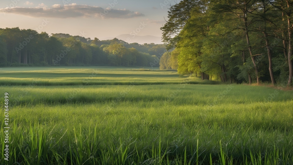 Fototapeta premium Lush Green Meadow Surrounded By Trees Under Soft Morning Light