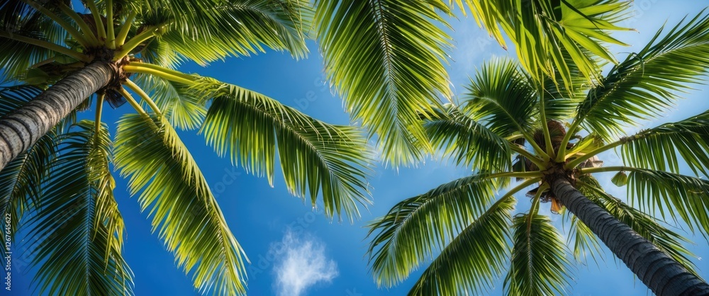Lush Green Palm Tree Canopy Under Clear Blue Sky With Soft Clouds Wishes for Tropical Vibes and Relaxation Lush Green Palm Tree Canopy Under Clear Blue Sky With Soft Clouds Wishes for Tropical Vibes and Relaxation