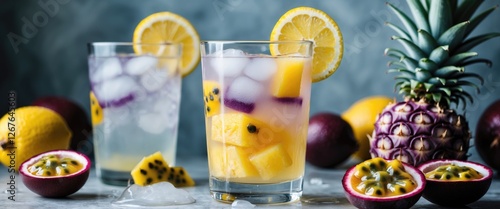 Refreshing Tropical Lemonade with Passion Fruit and Pineapple in Glasses Surrounded by Fresh Fruits and Ice on a Soft Background photo