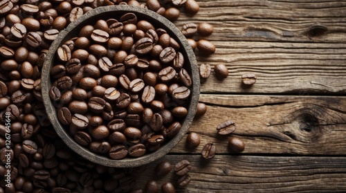 Richly roasted coffee beans in a rustic wooden bowl on an aged wooden surface showcasing texture and natural tones.