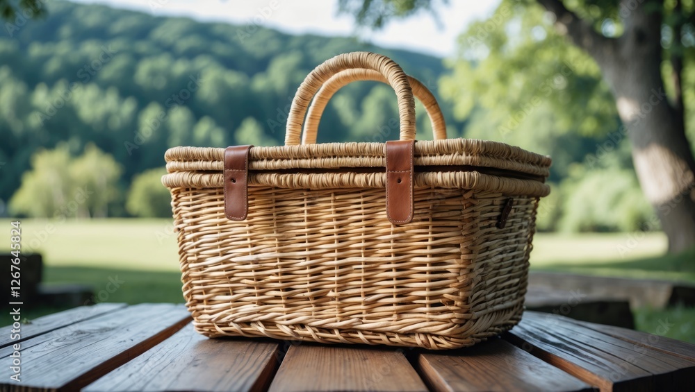 Picnic Basket on Wooden Table Surrounded by Nature Ideal for Outdoor Recreation and Family Celebrations with Space for Text and Branding Picnic Basket on Wooden Table Surrounded by Nature Ideal for Outdoor Recreation and Family Celebrations with Space for Text and Branding
