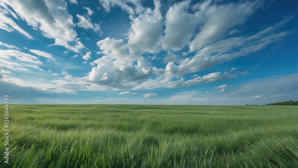 Vibrant Green Grass Field Under a Clear Blue Sky with Fluffy White Clouds in a Serene Natural Landscape Scene Vibrant Green Grass Field Under a Clear Blue Sky with Fluffy White Clouds in a Serene Natural Landscape Scene