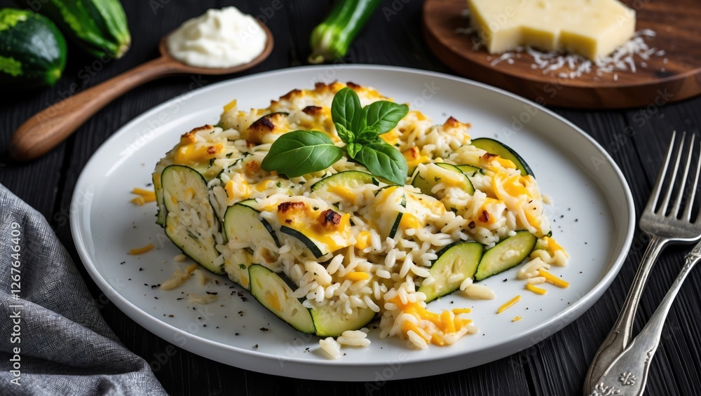 Homemade Zucchini Rice Casserole Topped with Cheese and Fresh Basil on a White Plate Surrounded by Ingredients on Dark Wooden Background. Homemade Zucchini Rice Casserole Topped with Cheese and Fresh Basil on a White Plate Surrounded by Ingredients on Dark Wooden Background.
