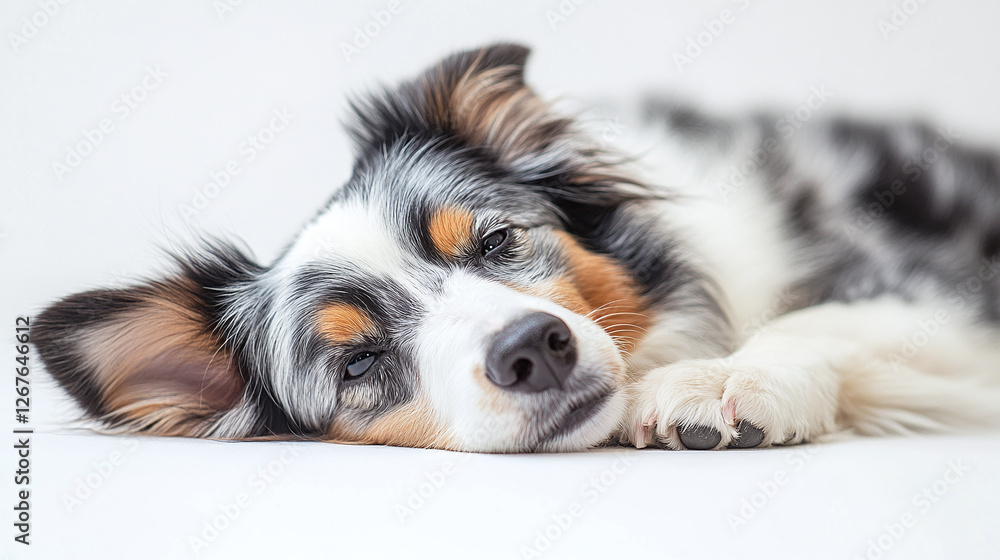 Smiling shetland sheepdog lying down on white background, perfect for pet care advertising. Smiling shetland sheepdog lying down on white background, perfect for pet care advertising.