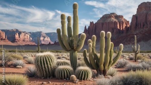 Desert Landscape with Diverse Cacti and Majestic Red Rock Formations in a Scenic Western Setting photo