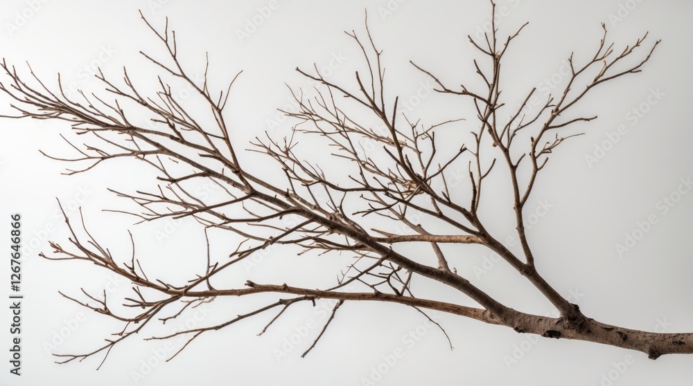 Dry bare tree branch with intricate twigs isolated on a clean white background for natural texture and design elements. Dry bare tree branch with intricate twigs isolated on a clean white background for natural texture and design elements.