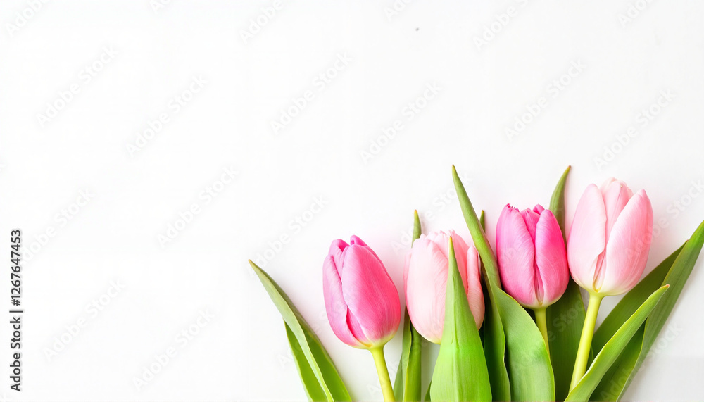 Fresh pink tulips on white background, elegant March 8 greeting Fresh pink tulips on white background, elegant March 8 greeting
