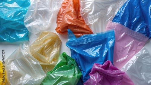 Colorful collection of transparent wrinkled plastic bags showcasing various textures and hues on a light background for creative applications. photo