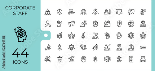 Set of Office Staff line icons. Contains such icons as corporate, man, career, group, person, communication, hand and more. Thin icon design. Editable vector stroke.