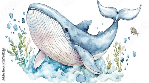 A chibi whale spouting water, with watercolor splashes of blue and gray, isolated on a soft background
