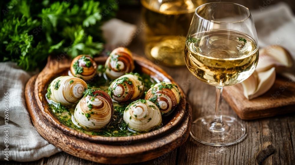 Indulge in burgundy snails with garlic butter and white burgundy wine in a cozy rustic setting Indulge in burgundy snails with garlic butter and white burgundy wine in a cozy rustic setting