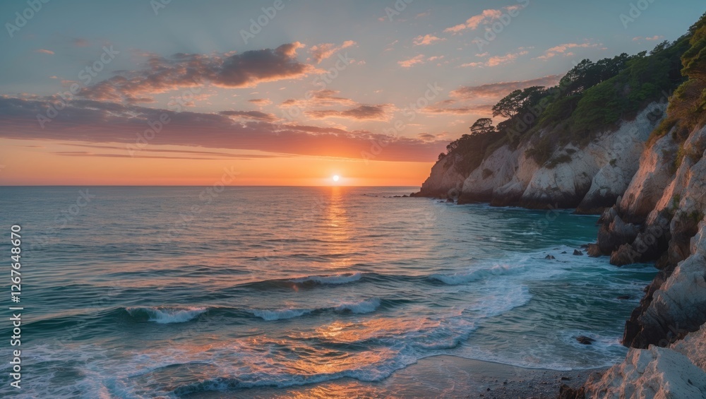 Coastal Sunset Over Serene Waters with Dramatic Skies and Natural Rock Formations Ideal for Text Overlay Coastal Sunset Over Serene Waters with Dramatic Skies and Natural Rock Formations Ideal for Text Overlay