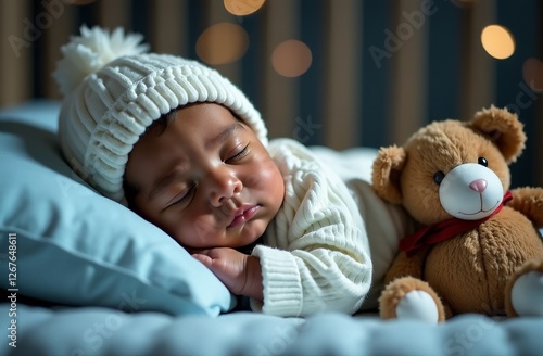 Portrait of dark-skinned baby sleeping sweetly in crib on blue mattress wearing white knitted suit and white knitted hat with teddy bear. Horizontal concept of healthy baby sleep