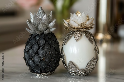 Two elegant decorative pineapples are displayed on a stylish table, adding a tropical touch to the interior decor. photo