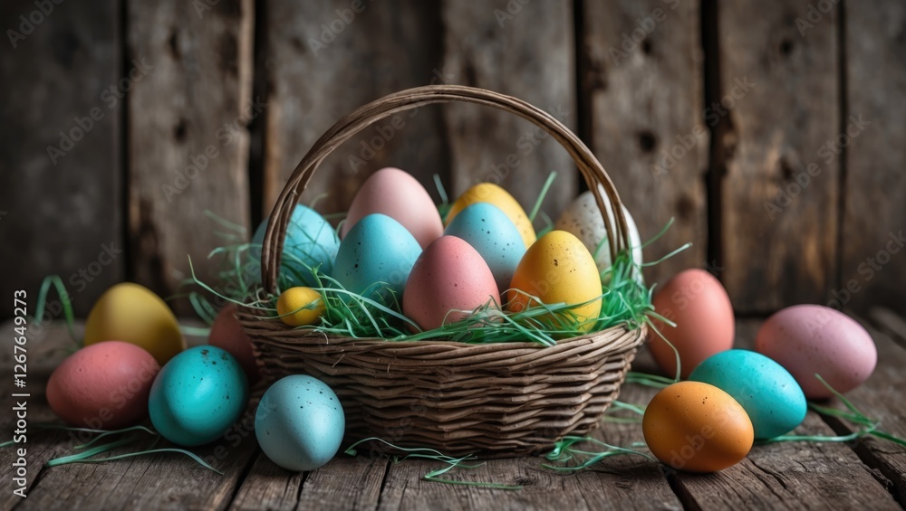 Naklejka premium Colorful Easter eggs in a woven basket surrounded by green grass on a rustic wooden background ideal for seasonal decoration and celebrations.