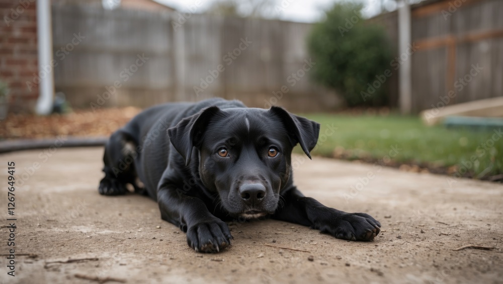 Black Labrador Dog Relaxing in Backyard with Playful Expressions and Natural Surroundings Black Labrador Dog Relaxing in Backyard with Playful Expressions and Natural Surroundings