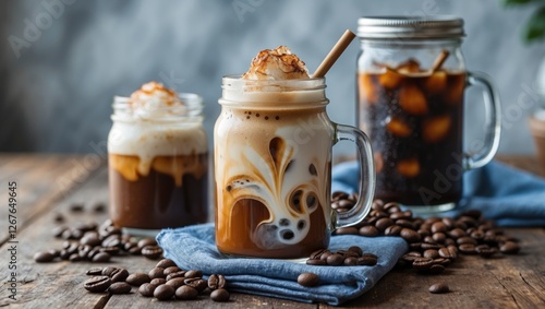 Delicious iced coffee drinks in jars with whipped cream and coffee beans on rustic wooden table ideal for cafe or beverage advertising. photo