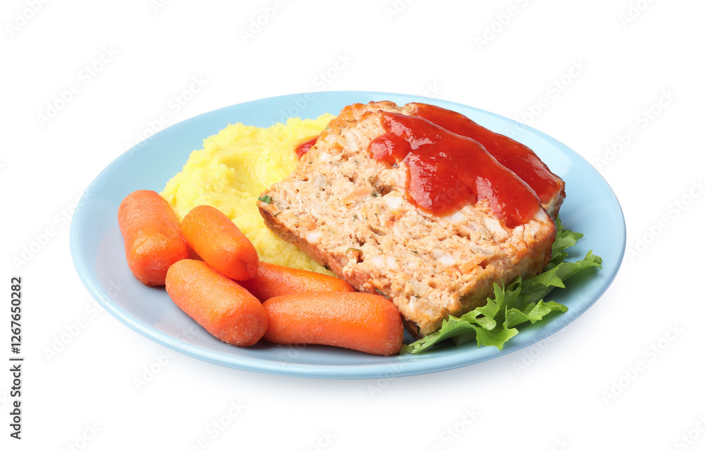 Delicious baked turkey meatloaf, mashed potato, carrots and ketchup isolated on white Delicious baked turkey meatloaf, mashed potato, carrots and ketchup isolated on white