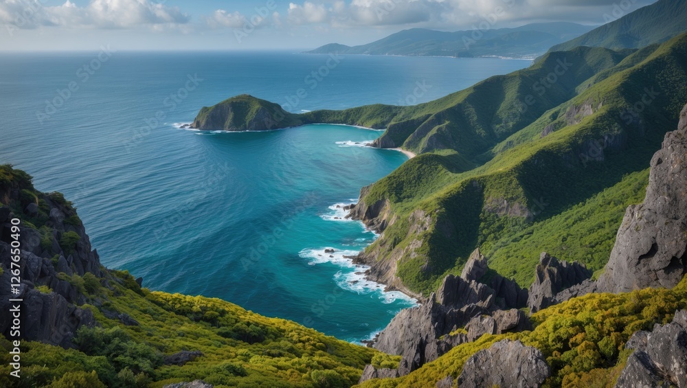 Fototapeta premium Breathtaking Aerial View of Lush Green Coastline with Turquoise Waters and Scenic Island Landscape