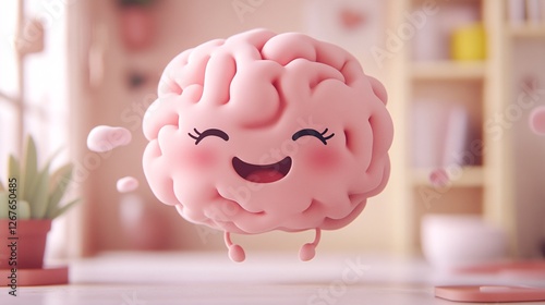 A cute, cartoonish brain character with a happy expression floats in a bright, cozy room, embodying themes of creativity and positivity.