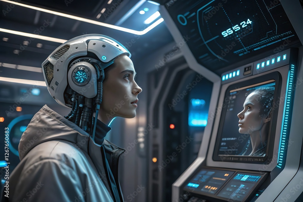 Person with futuristic headset analyzing digital data in high-tech environment.