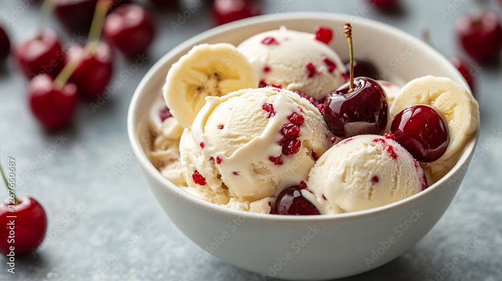 A bowl of creamy ice cream topped with cherries and banana slices, surrounded by fresh cherries, creating a delightful dessert scene. A bowl of creamy ice cream topped with cherries and banana slices, surrounded by fresh cherries, creating a delightful dessert scene.