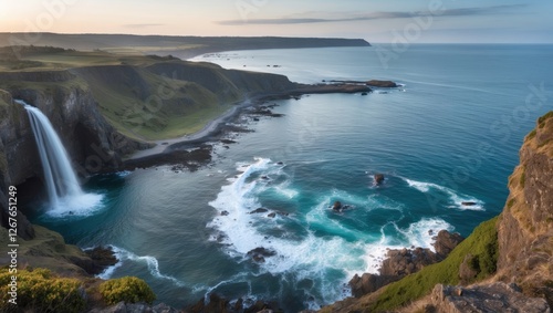 Coastal Landscape Featuring a Waterfall with Turquoise Waters and Lush Green Cliffs at Sunset